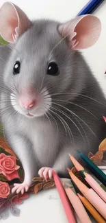 Cute grey mouse among colored pencils and floral designs.