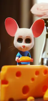 Adorable mouse with cheese and pink roses in a charming cartoon style.