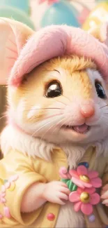 Adorable mouse wearing a pink hat and holding flowers.