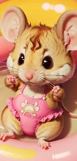 Adorable cartoon mouse in pink swimsuit enjoying a small pool.