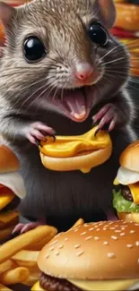 Cute cartoon mouse holding a cheeseburger.