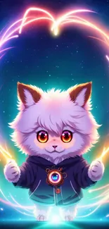 Cute neon cat with glowing magical effects in a fantasy wallpaper.