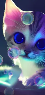 Neon kitten with glowing eyes and colorful bubbles in a dark background.