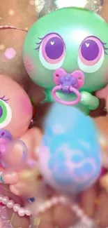 Cute pastel octopus toys with pacifiers on a colorful background.