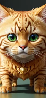 Adorable orange cat with green eyes wearing a small pendant on a dark background.