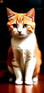 Orange and white cat sitting on a wooden floor, staring curiously.