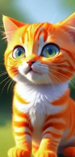 Cute orange kitten with green eyes on a bright nature background.