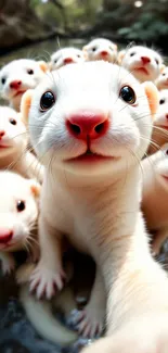 Close-up of adorable otters posing for a group selfie in nature.