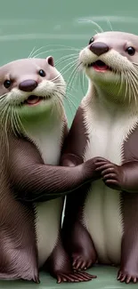 Two adorable otters stand together in a tranquil water setting.