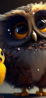 Charming digital artwork of two fluffy, cute owls with a warm background.