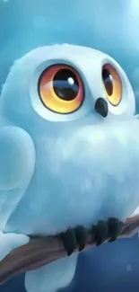 Adorable cartoon owl perched on a branch with a blue background.