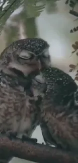 Two affectionate owls perched together in a green forest setting.