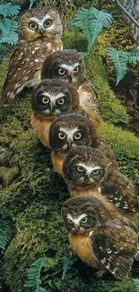 Group of owls on a mossy tree in a forest setting.