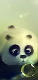 Cute panda staring at bubble in soft green background.