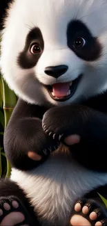 Cute animated panda with bamboo background.