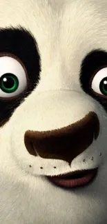 Close-up of a cute cartoon panda with expressive green eyes.