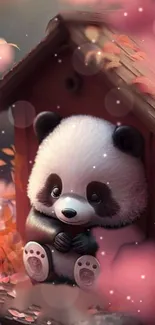 Adorable panda in cottage with pink leaves and bubbles.