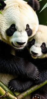 Two adorable pandas cuddling on bamboo branches in a lush green forest.