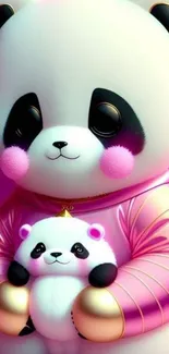 Adorable panda duo with toy on vibrant pink background wallpaper.