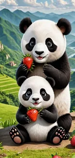 Adorable panda family with strawberries in a scenic mountain setting.