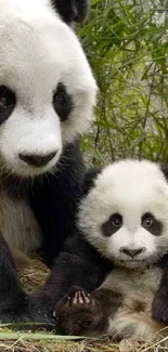 Panda family in a lush bamboo forest setting, featuring a cute cub.