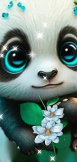 Cute panda with blue eyes and flowers, surrounded by stars.