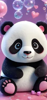 Adorable cartoon panda surrounded by bubbles and hearts.