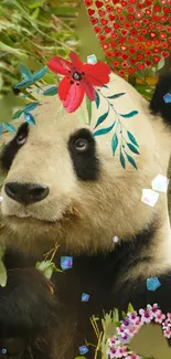 Panda with floral crown in lush greenery mobile wallpaper.