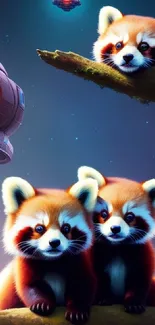 Adorable red pandas in a sci-fi galaxy setting on tree branches.