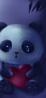 Adorable panda holding heart in blue night wallpaper.