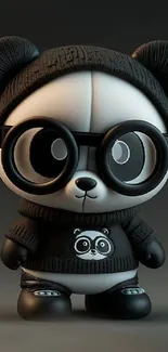 3D panda wearing glasses and a cozy outfit against a dark background.