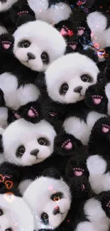 Cute panda faces mobile wallpaper with fluffy black and white design.