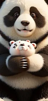 Adorable panda holding a plush toy.