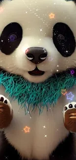 Adorable fluffy panda with teal scarf on mobile wallpaper.