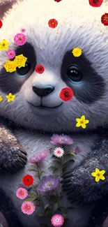 Adorable cartoon panda with flowers on blue background.