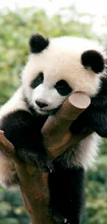 Adorable panda resting on a tree branch amidst nature.