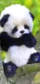 Adorable stuffed panda toy on a tree branch with green foliage background.