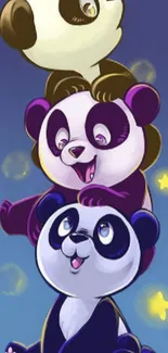 Three cute, stacked cartoon pandas with a blue backdrop.