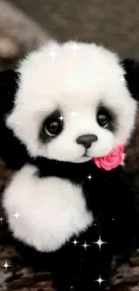 Adorable plush panda with a pink flower accessory.