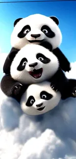 Cute animated pandas stacked on fluffy clouds.