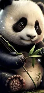 Cute panda holding bamboo on a dark background, perfect for mobile wallpaper.