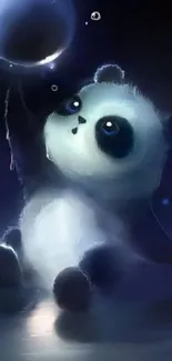 Adorable panda reaching for a blue bubble.