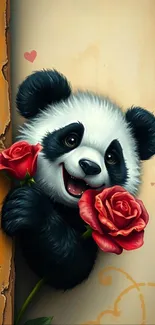 Cute panda holding roses with hearts on a beige background.