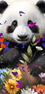 Cute panda holding vibrant flowers in a colorful, nature-themed mobile wallpaper.