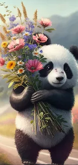 Cute panda with bouquet of colorful wildflowers on a scenic path.