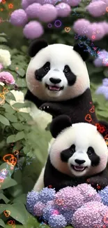 Two cute pandas in a garden with lilac flowers.