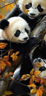 Adorable pandas climbing through autumn leaves.