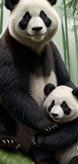 Adorable panda and cub in a bamboo forest wallpaper.