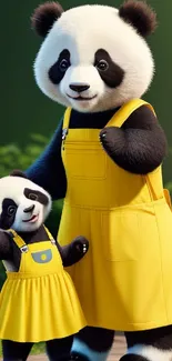 Adorable panda duo in yellow outfits on green forest background.