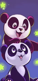 Playful pandas with glowing stars at night, perfect for mobile wallpaper.